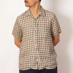 Open Collar Plaid Shirt - Brown