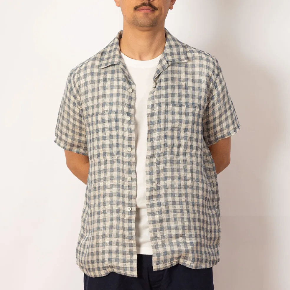Open Collar Plaid Shirt - Blue