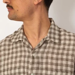 Open Collar Plaid Shirt - Brown