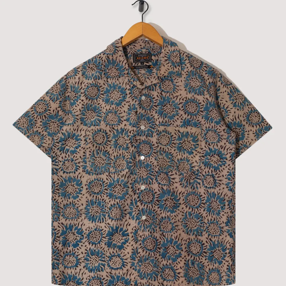 Open Collar Shirt - Blue Sun Flower