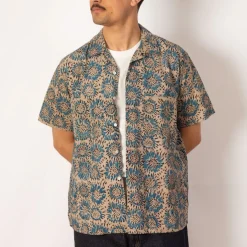 Open Collar Shirt - Blue Sun Flower