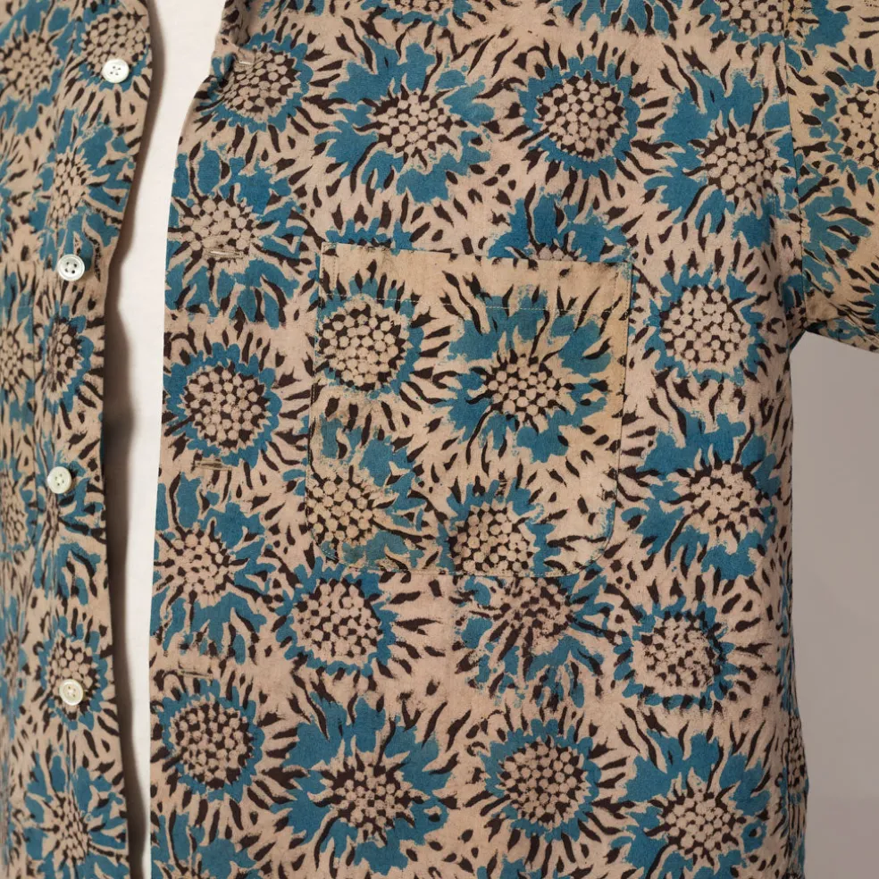 Open Collar Shirt - Blue Sun Flower