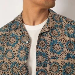 Open Collar Shirt - Blue Sun Flower