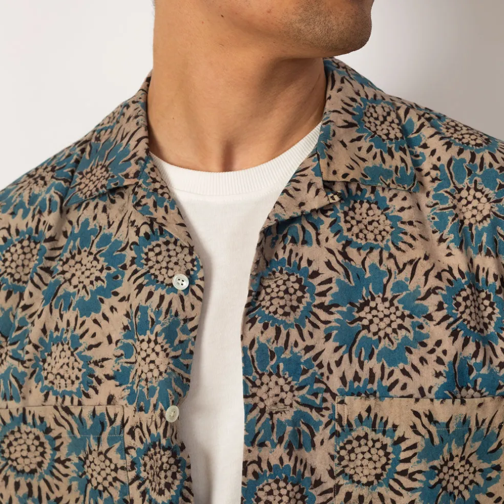 Open Collar Shirt - Blue Sun Flower