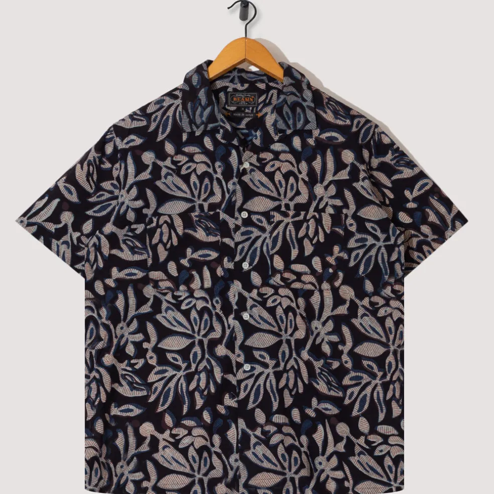 Open Collar Shirt - Navy Leaf