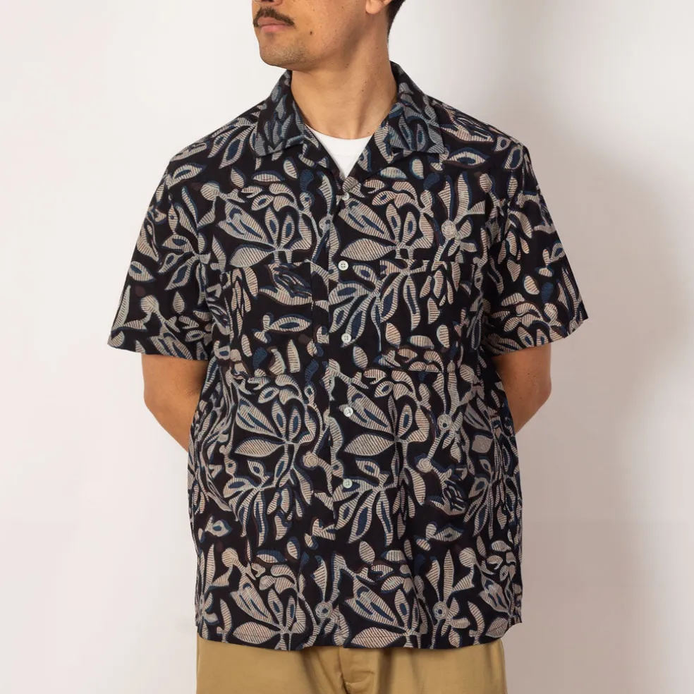 Open Collar Shirt - Navy Leaf