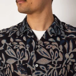 Open Collar Shirt - Navy Leaf