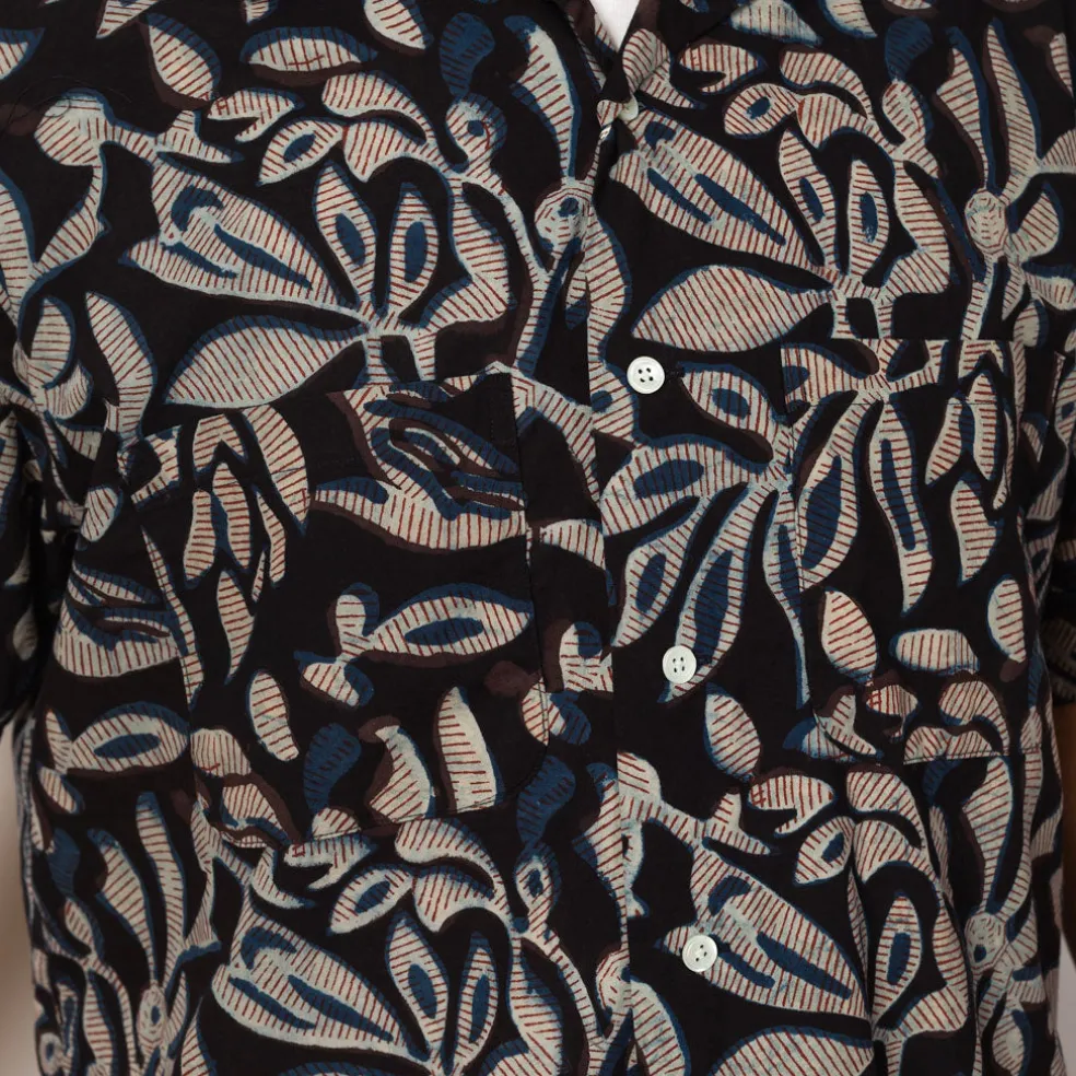 Open Collar Shirt - Navy Leaf