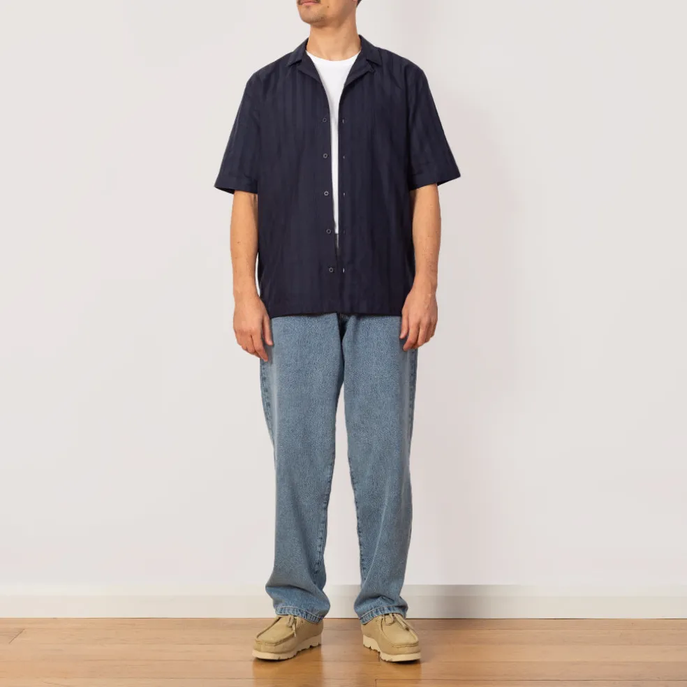 S/S Embroidered Stripe Shirt - Navy